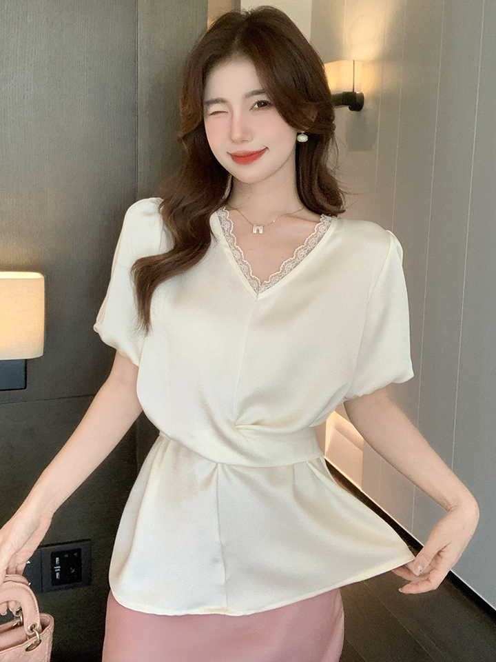 實拍2026夏季新款韓版百搭V領系帶收腰顯瘦短袖襯衫女上衣夏