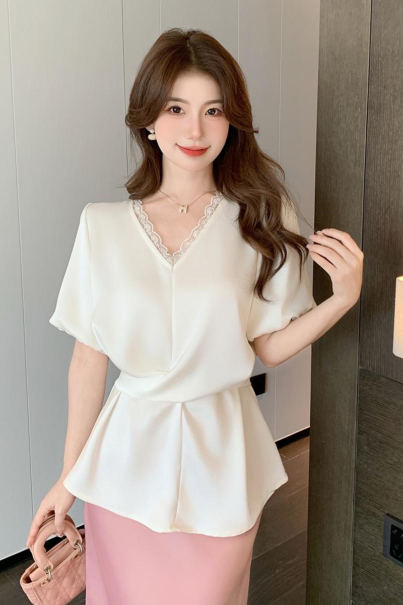 實拍2026夏季新款韓版百搭V領系帶收腰顯瘦短袖襯衫女上衣夏