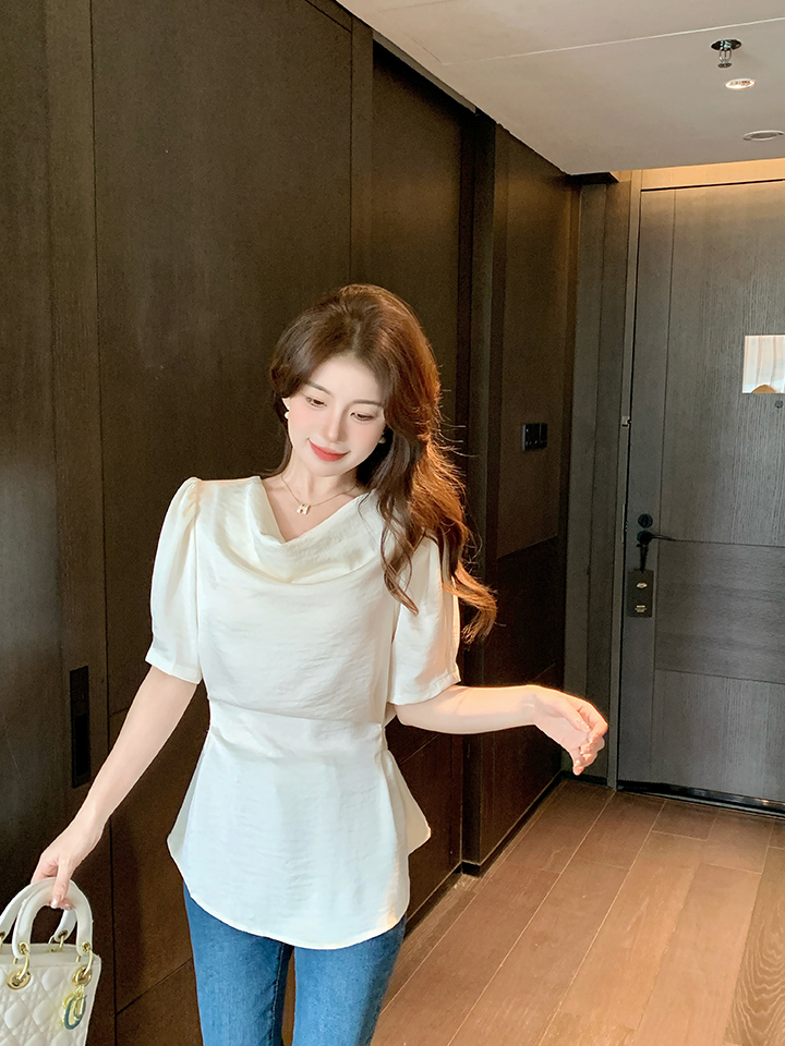 實拍2026夏季新款堆堆領短袖襯衫女后背系帶緞面時尚女士襯衫