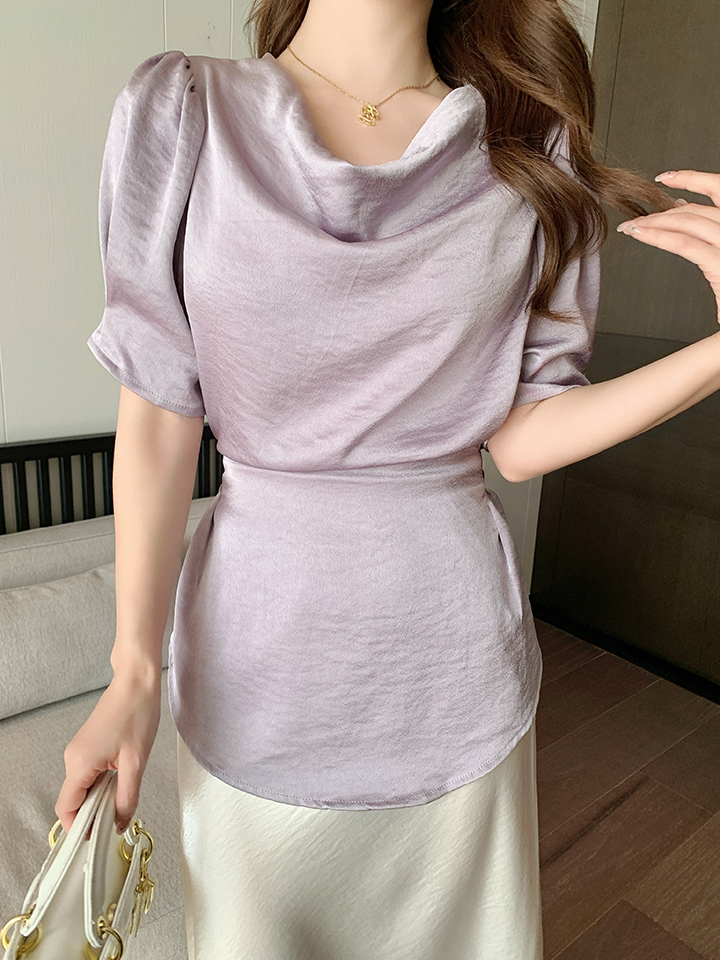 實拍2026夏季新款堆堆領短袖襯衫女后背系帶緞面時尚女士襯衫