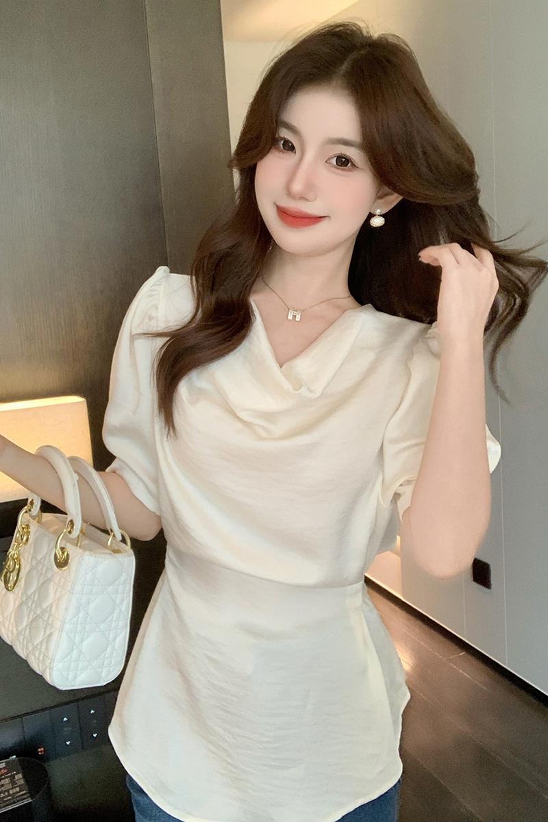 實拍2026夏季新款堆堆領短袖襯衫女后背系帶緞面時尚女士襯衫