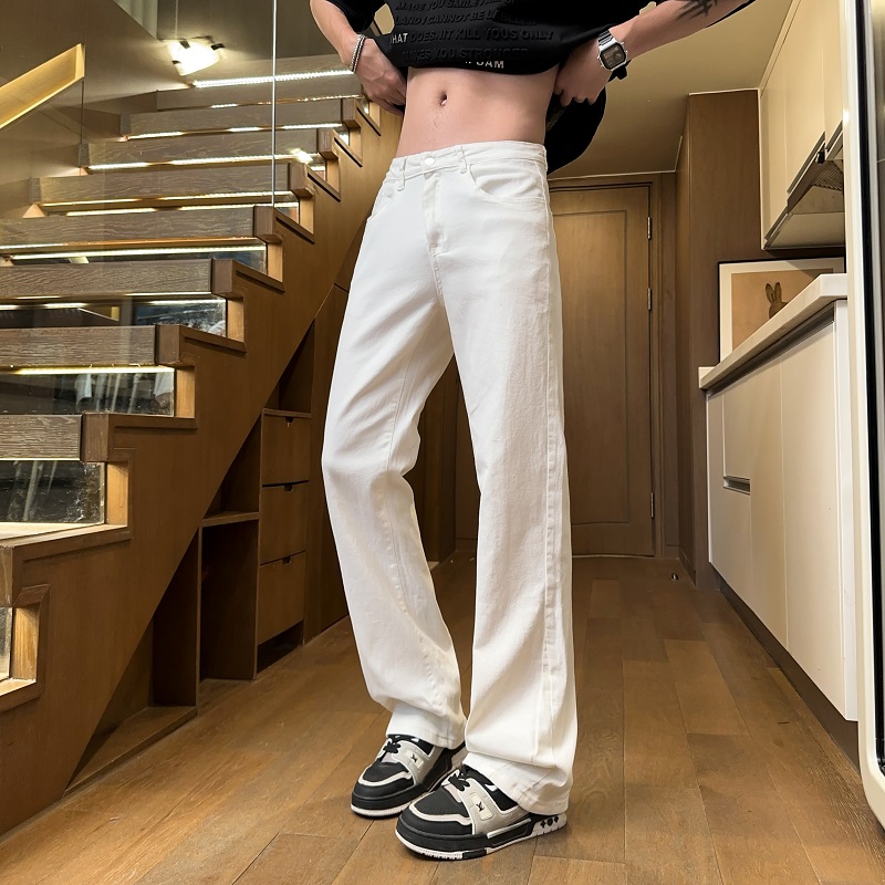 實拍2025春夏新款男士牛仔褲微喇高街高腰美式vibe長褲子男百搭潮