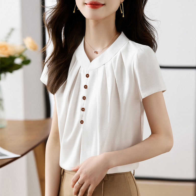 實拍法式小個子圓領短袖襯衫女夏季新款顯瘦休閑百搭通勤氣質上衣