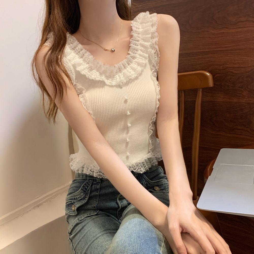 蕾絲木耳邊針織吊帶t恤女裝夏季小個子拼接收腰顯瘦短款背心上衣