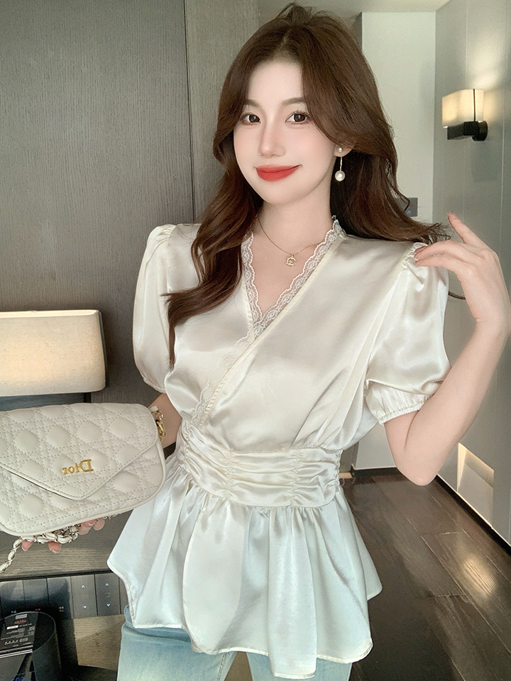 實拍2026夏季新款韓版百搭V領收腰顯瘦短袖襯衫女上衣