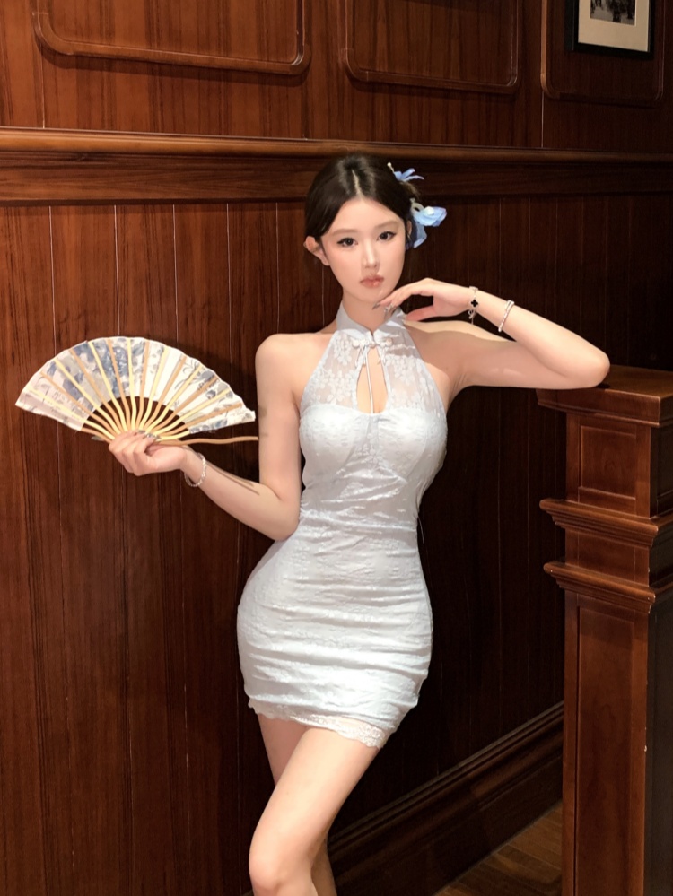 實拍實價 新中式改良旗袍網紗盤扣帶胸墊連衣裙短款+披肩2件套