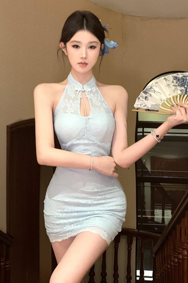 實拍實價 新中式改良旗袍網紗盤扣帶胸墊連衣裙短款+披肩2件套