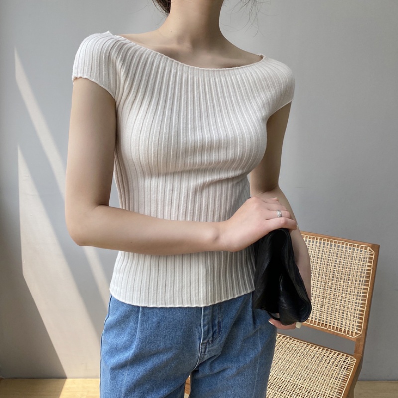 韓國東大門夏季一字肩性感短袖T恤女舒適薄款修身內搭針織衫