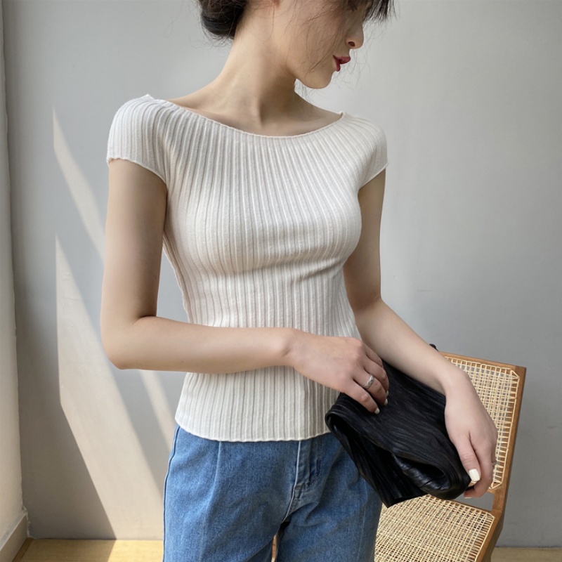 韓國東大門夏季一字肩性感短袖T恤女舒適薄款修身內搭針織衫