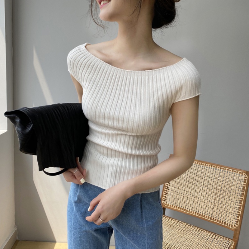 韓國東大門夏季一字肩性感短袖T恤女舒適薄款修身內搭針織衫