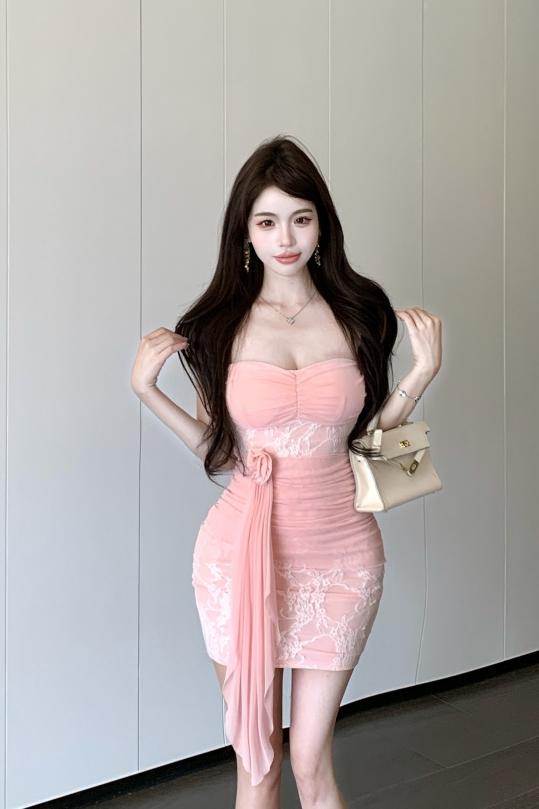 實拍實價 辣妹修身顯瘦飄帶蕾絲掛脖連衣裙短款