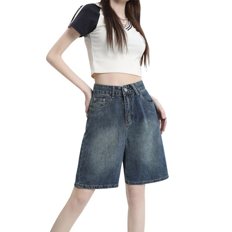 高腰復古藍牛仔短褲女2026年夏季五分褲直筒寬松高腰顯瘦中褲