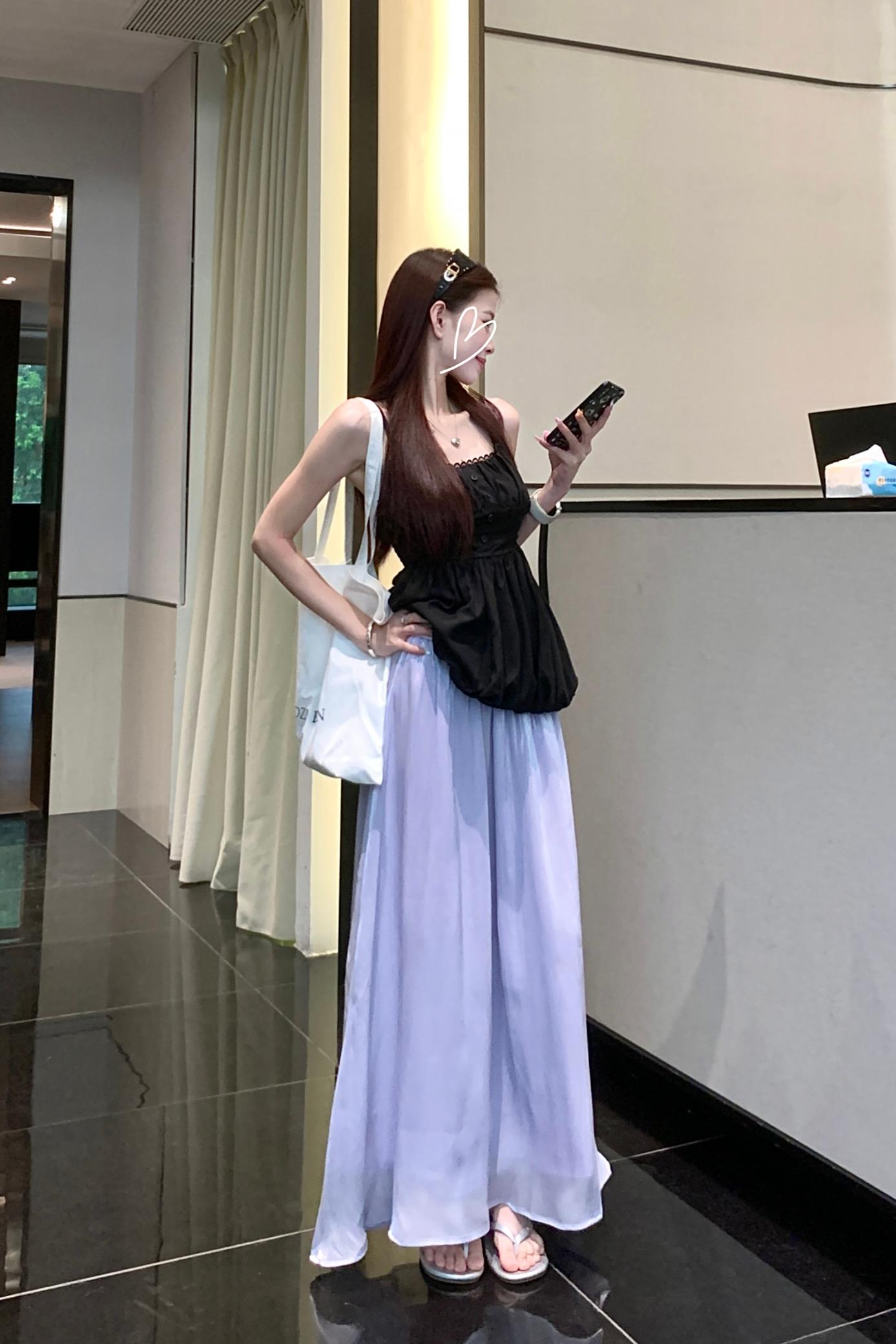 實拍高級感寬松紫色半身裙女2025夏季新款高腰顯瘦中長裙女