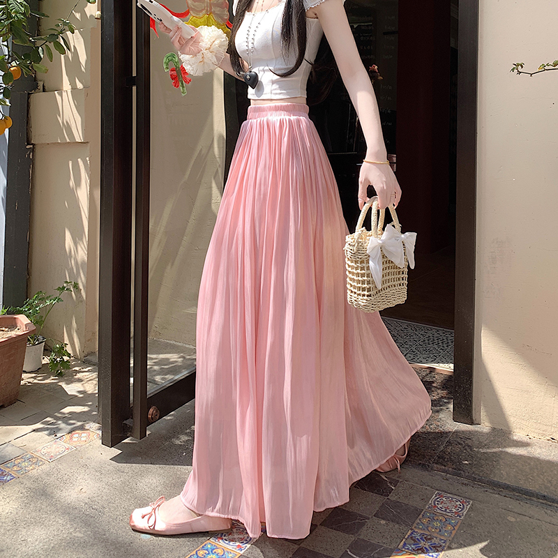 杏色超仙流光紗高腰a字半身裙女夏季松緊腰寬松百搭顯瘦長款裙子