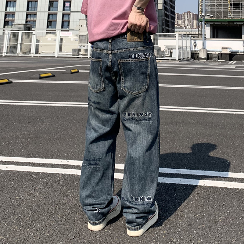 實拍2025新款刺繡印花復古水洗牛仔褲男潮牌高級感直筒闊腿褲