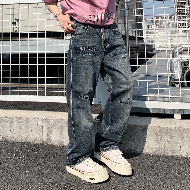 實拍2025新款刺繡印花復古水洗牛仔褲男潮牌高級感直筒闊腿褲
