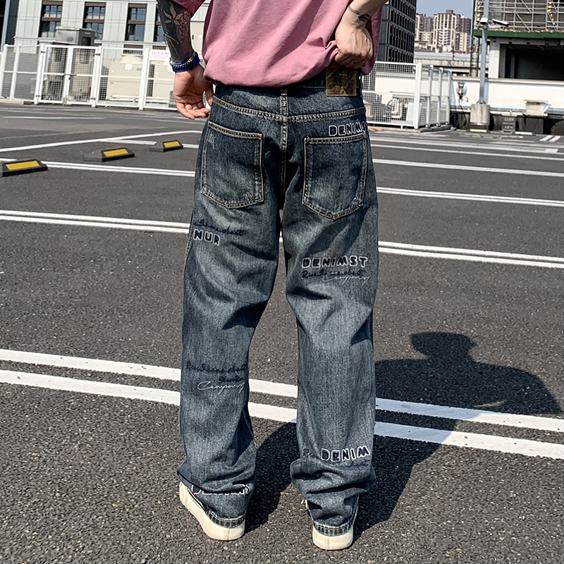 實拍2025新款刺繡印花復古水洗牛仔褲男潮牌高級感直筒闊腿褲