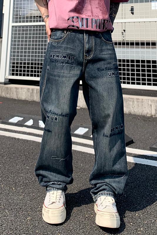 實拍2025新款刺繡印花復古水洗牛仔褲男潮牌高級感直筒闊腿褲