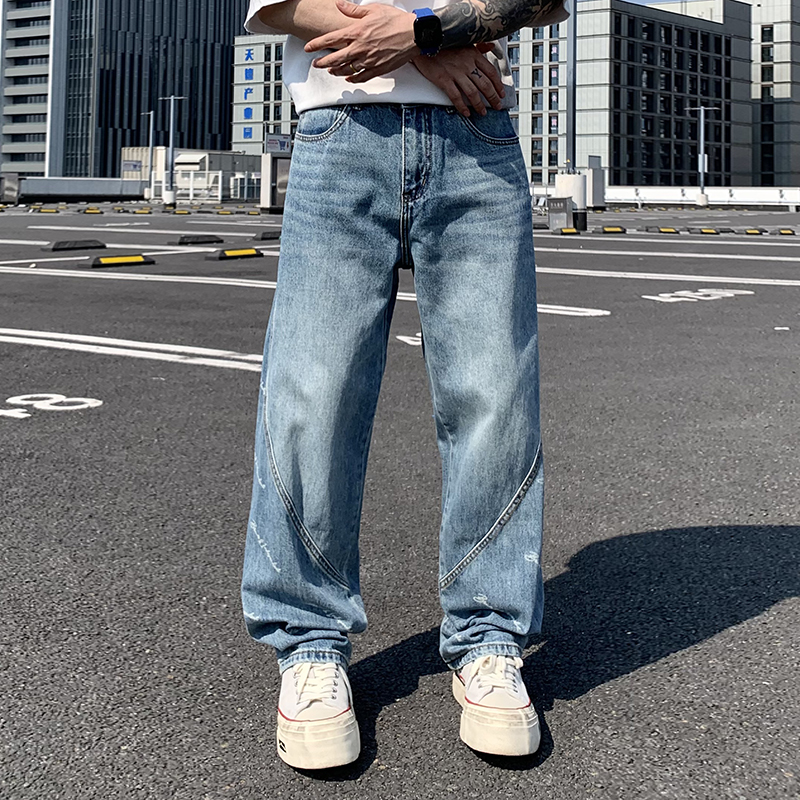 實拍2025春夏新款拼接印花水洗牛仔褲男潮牌高級感直筒休閑闊腿褲