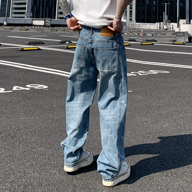 實拍2025春夏新款拼接印花水洗牛仔褲男潮牌高級感直筒休閑闊腿褲