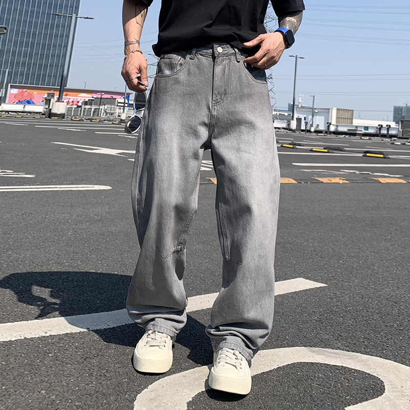 實拍2025春夏新款美式復古煙灰色牛仔褲男潮流百搭直筒休閑闊腿褲