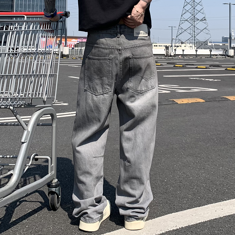 實拍2025春夏新款美式復古煙灰色牛仔褲男潮流百搭直筒休閑闊腿褲