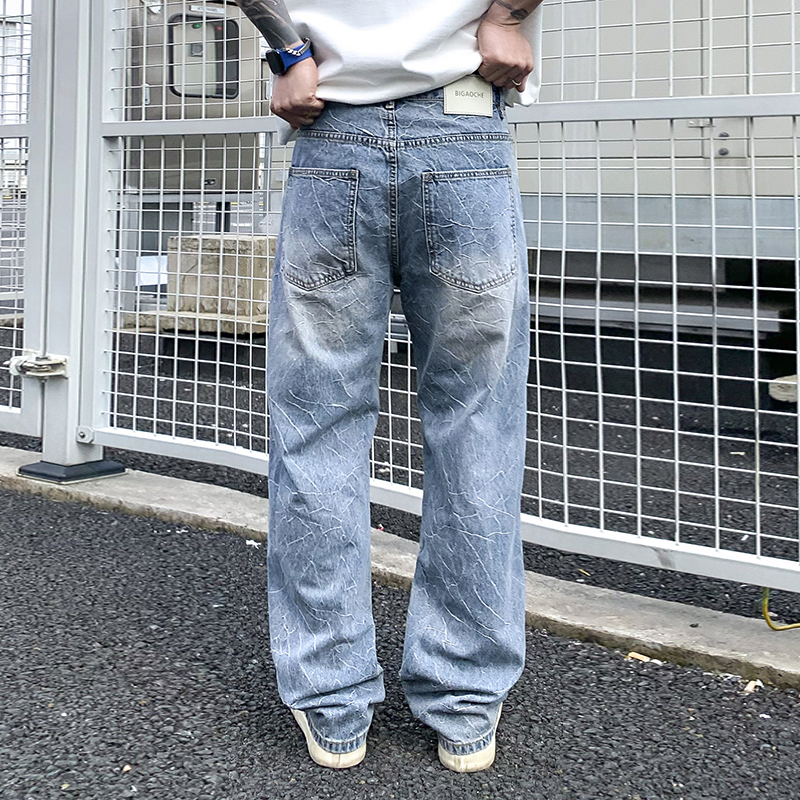 實拍2025春夏新款爆裂紋提花面料牛仔褲男潮牌高級感直筒休閑長褲