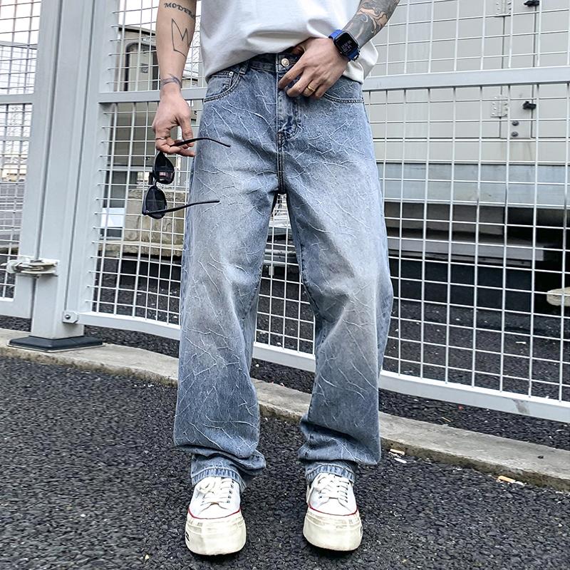 實拍2025春夏新款爆裂紋提花面料牛仔褲男潮牌高級感直筒休閑長褲