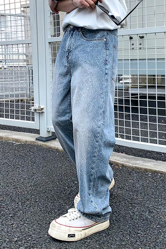 實拍2025春夏新款爆裂紋提花面料牛仔褲男潮牌高級感直筒休閑長褲
