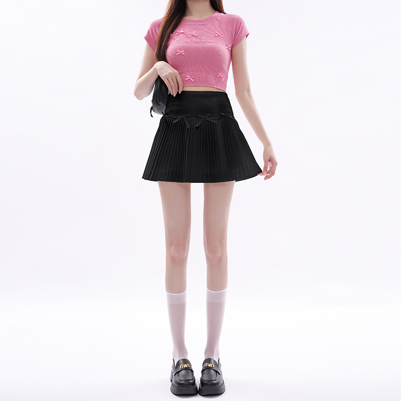 實拍蝴蝶結百褶半身裙女2025夏季甜美高腰顯瘦防走光A字裙短裙
