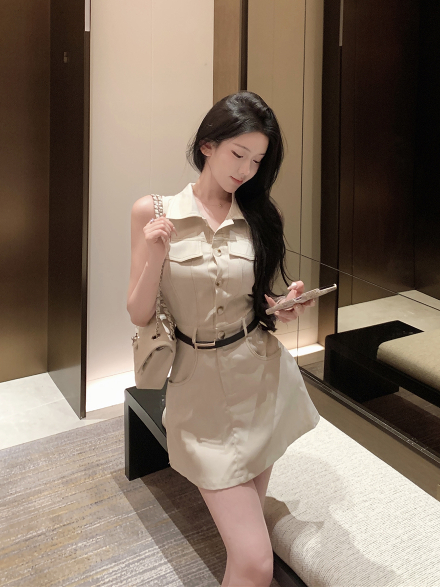 實拍氣質POLO領修身工裝連衣裙收腰包臀短裙子配腰帶女