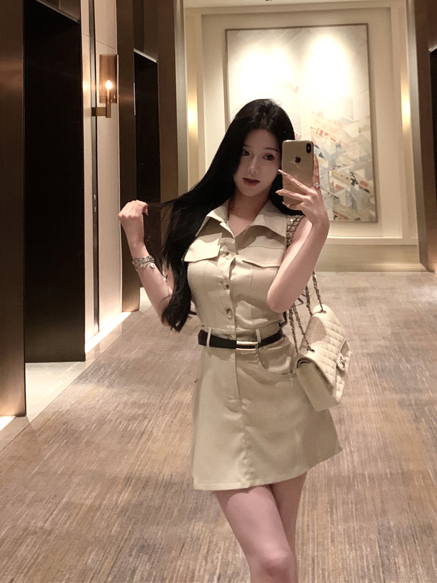 實拍氣質POLO領修身工裝連衣裙收腰包臀短裙子配腰帶女