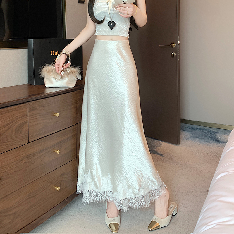 實拍醋酸緞面魚尾裙半身裙女新款垂墜感蕾絲花邊遮胯包臀裙女