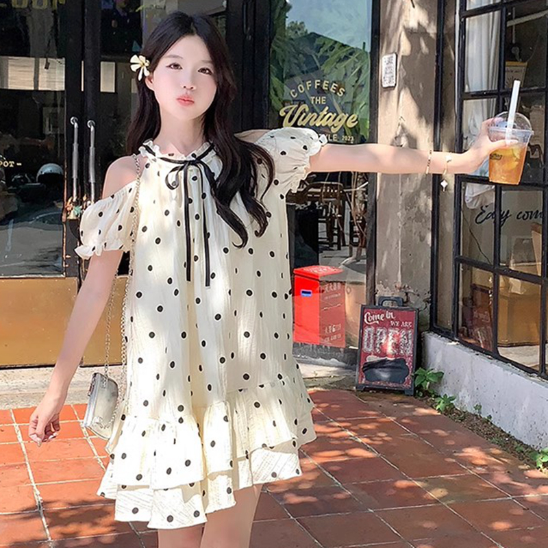 初戀甜美減齡露肩法式公主裙女夏新款小個子波點娃娃裙溫柔連衣裙