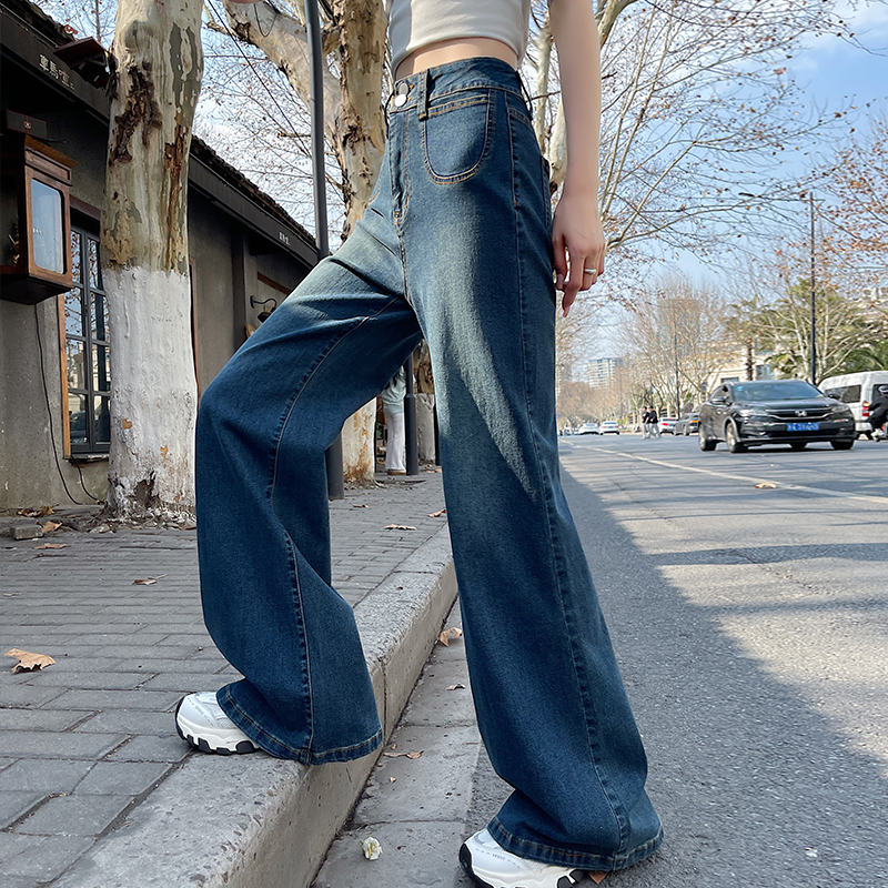 實拍復古美式闊腿牛仔褲女寬松高腰春秋2025新款垂感直筒拖地褲子