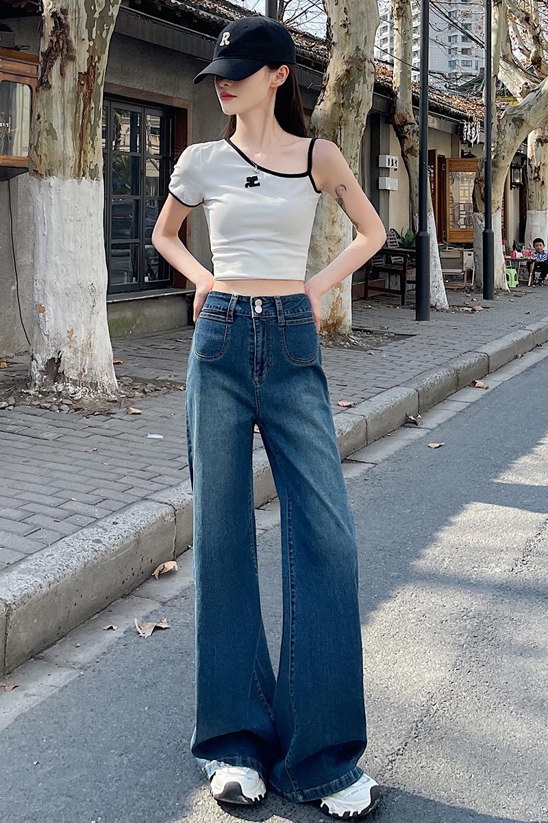 實拍復古美式闊腿牛仔褲女寬松高腰春秋2025新款垂感直筒拖地褲子