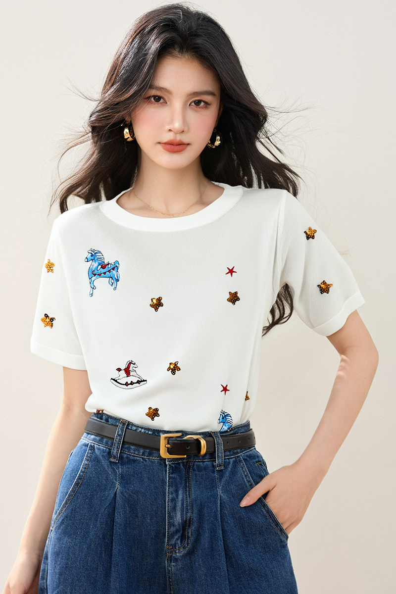 黑色上衣夏季寬松卡通刺繡小馬短袖女2026年新款針織衫