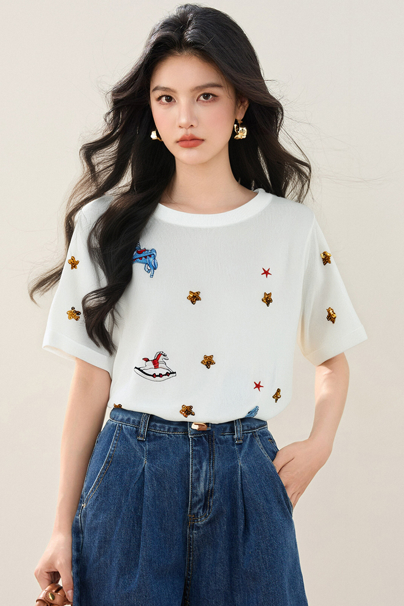 黑色上衣夏季寬松卡通刺繡小馬短袖女2026年新款針織衫