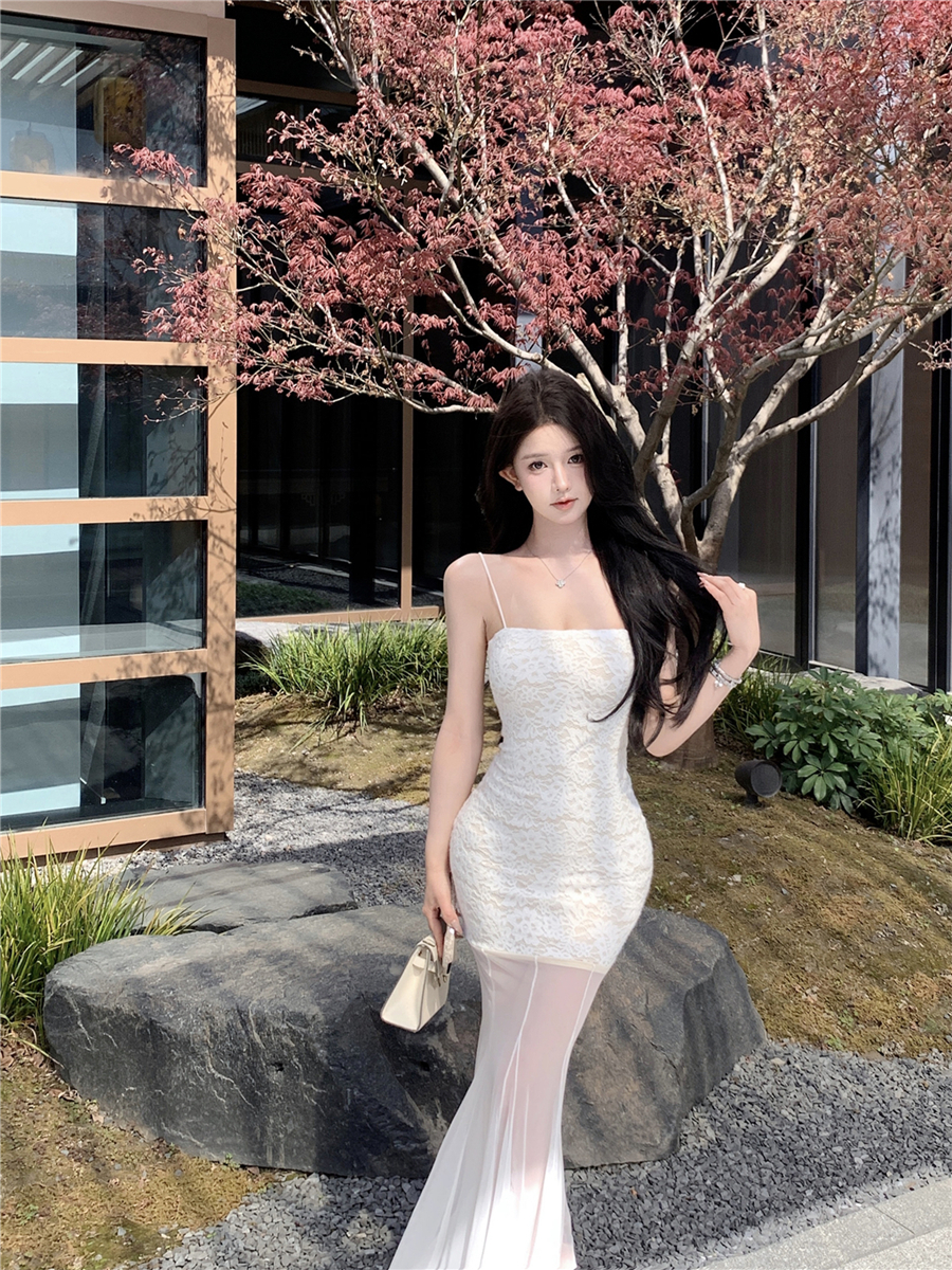 實拍性感白色蕾絲吊帶連衣裙女網紗拼接顯瘦包臀裙