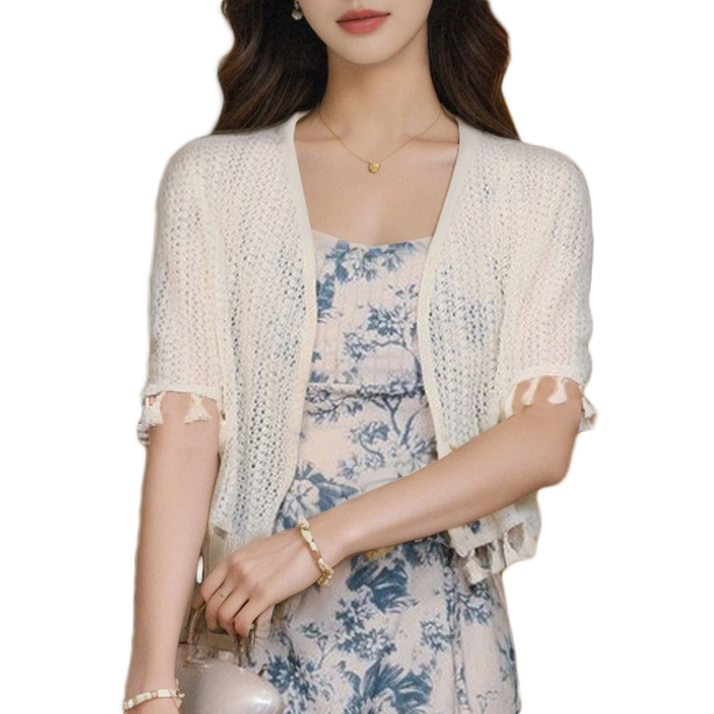 2025夏季新款蕾絲鏤空防曬開衫女薄款罩衫吊帶裙外搭短款披肩上衣