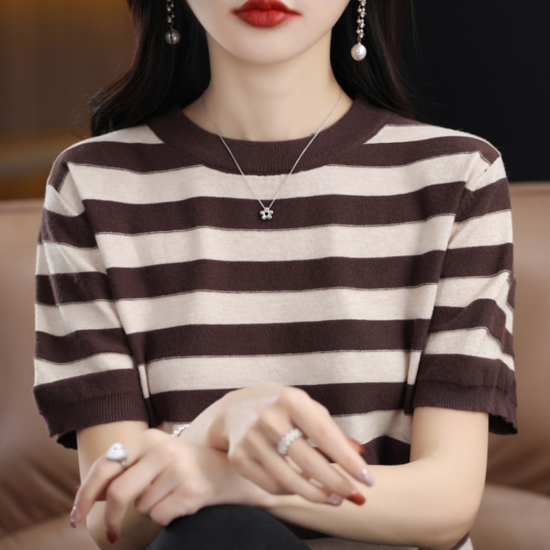 拼色條紋短袖t恤衫女士新款莫代爾體恤洋氣打底圓領針織上衣