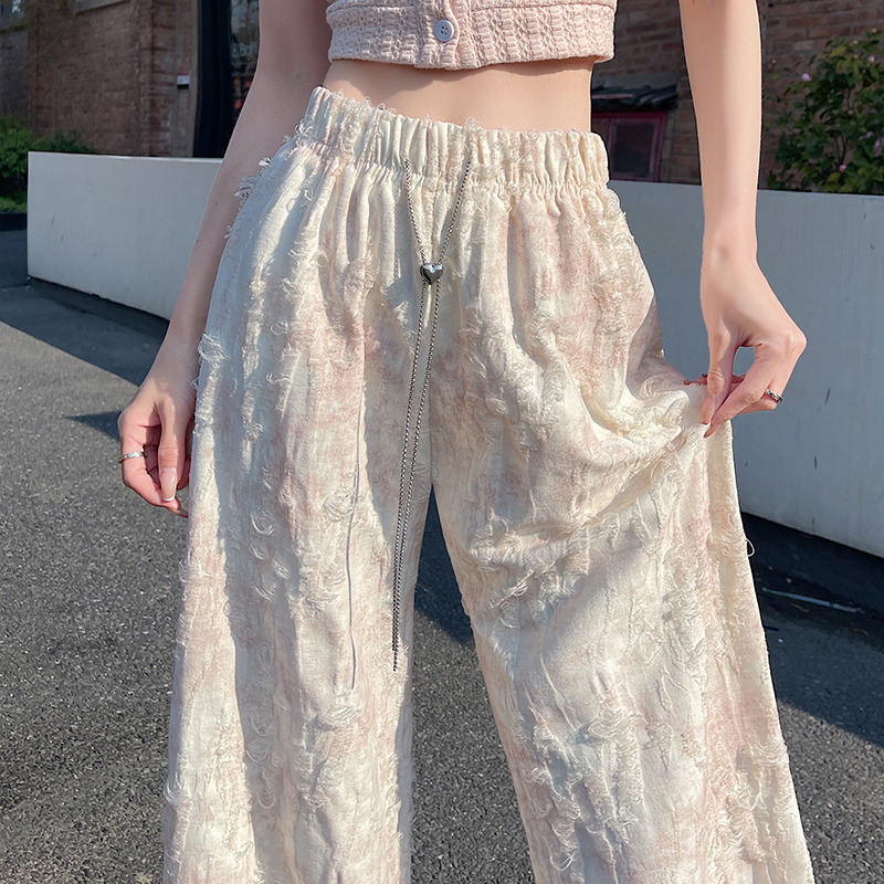 實拍設計感扎染破洞休閑褲女2026新款夏高腰垂感顯瘦寬松闊腿褲子
