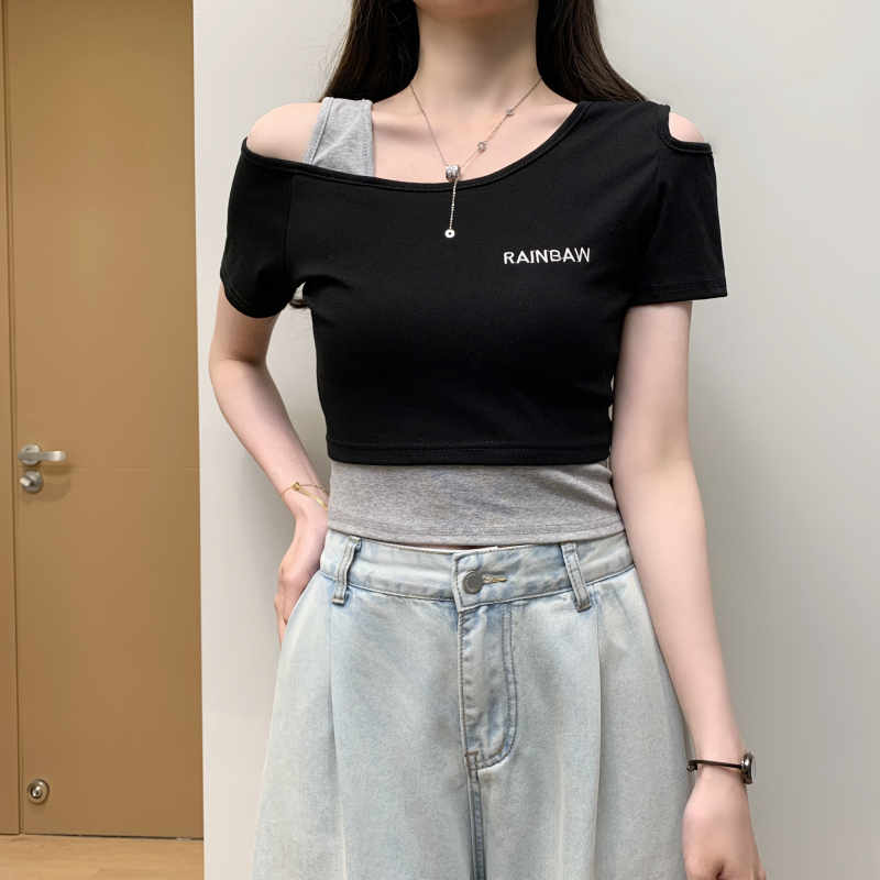 實拍 假兩件露肩短袖T恤女設計感小眾短款高腰露臍修身上衣