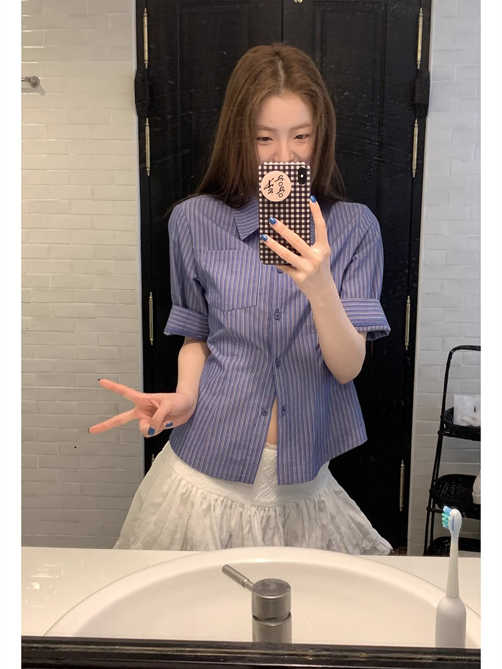 不是实拍HelloooEat条纹修身衬衫气质衬衣小众设计短袖上衣