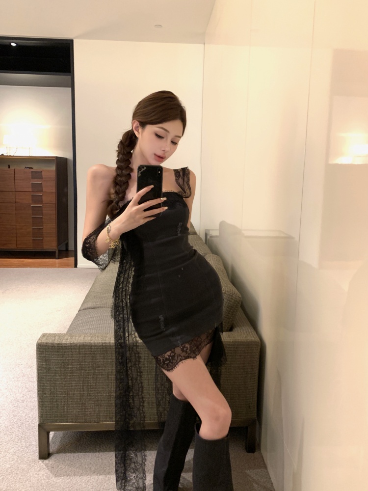 實拍實價 街頭風飄帶抹胸連衣裙牛仔裙短款