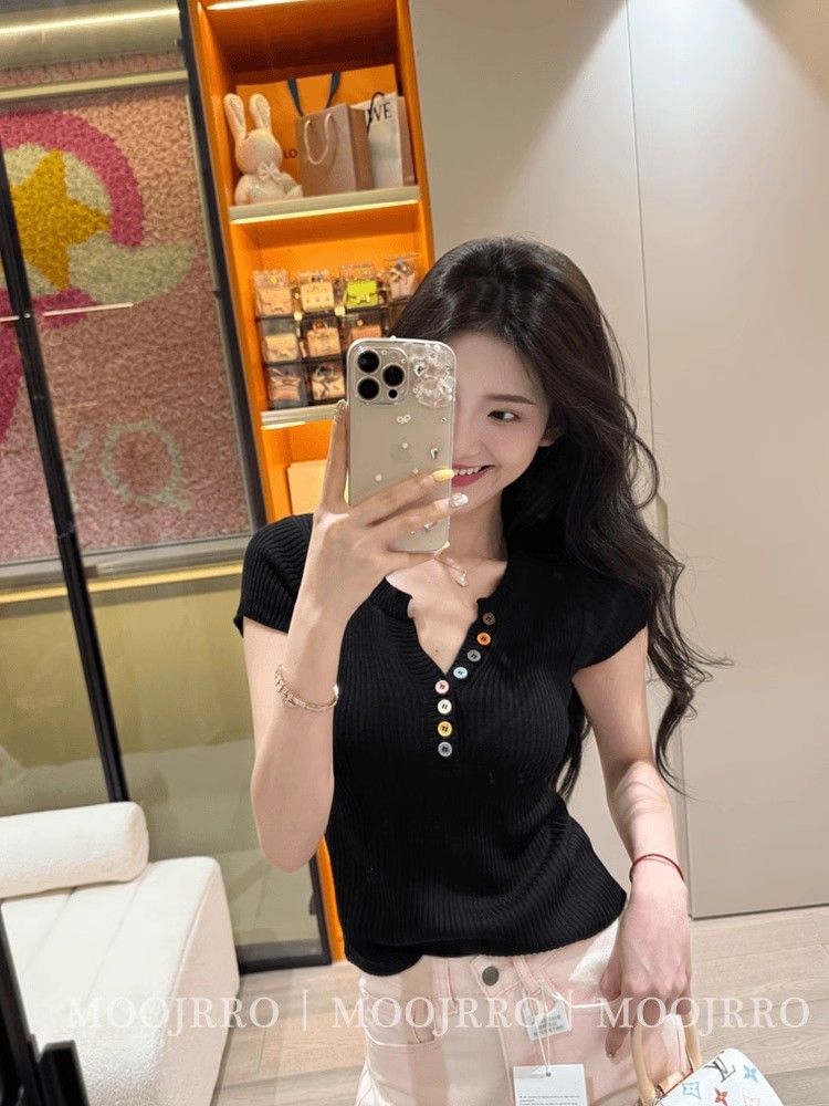 黃色V領短袖針織衫女夏季薄款T恤純欲辣妹修身顯瘦小個子短款上衣
