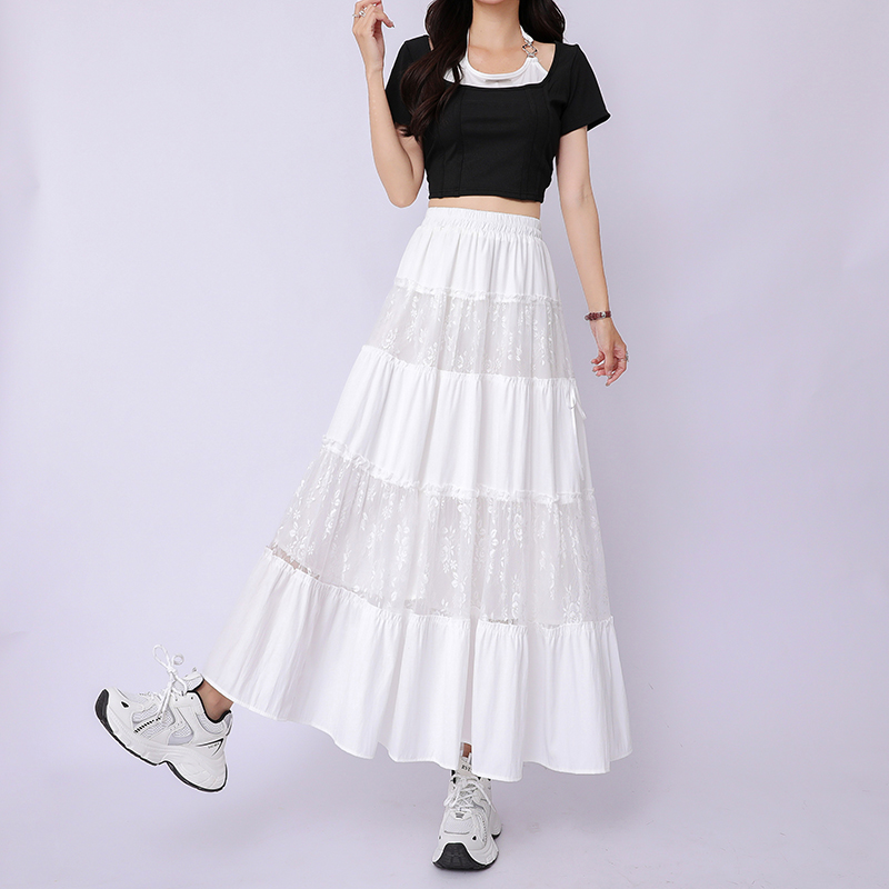 韓系芭蕾風白色蛋糕半身裙女夏季高腰甜美蝴蝶結蕾絲A字大擺傘裙