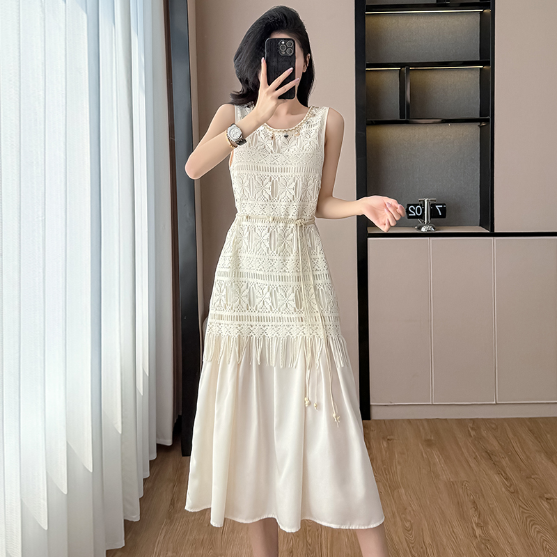 法式網紗拼接無袖背心連衣裙女夏季高級感氣質海邊度假收腰長裙子