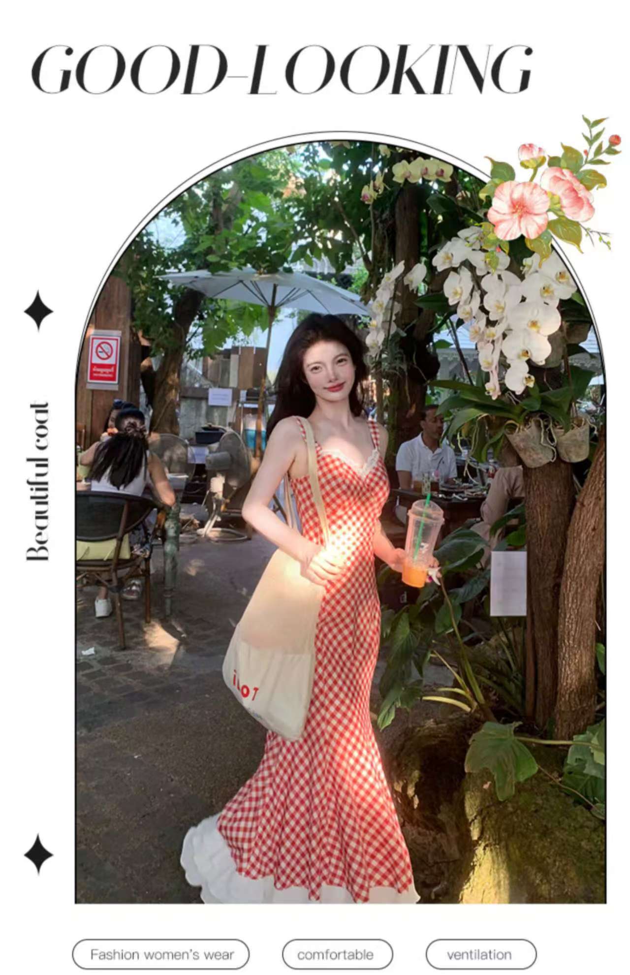 溫莎花園 原創設計紅色格紋吊帶裙三層魚尾裙連衣裙