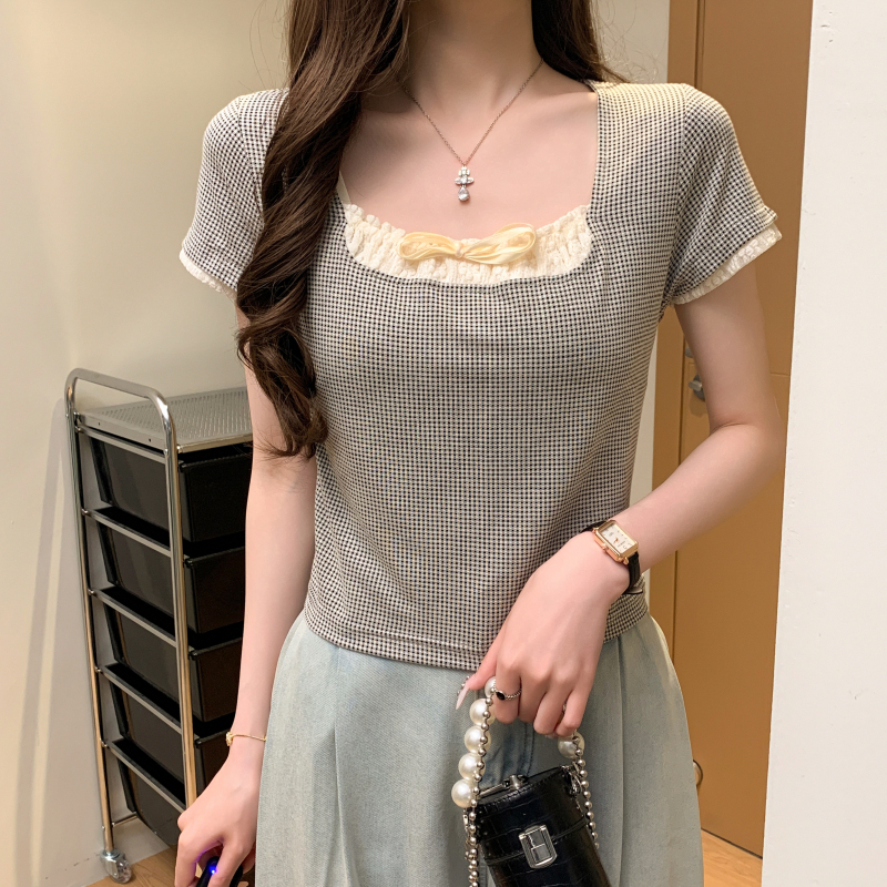實拍 假兩件方領短袖襯衫女夏季顯瘦法式甜辣短款小個子上衣